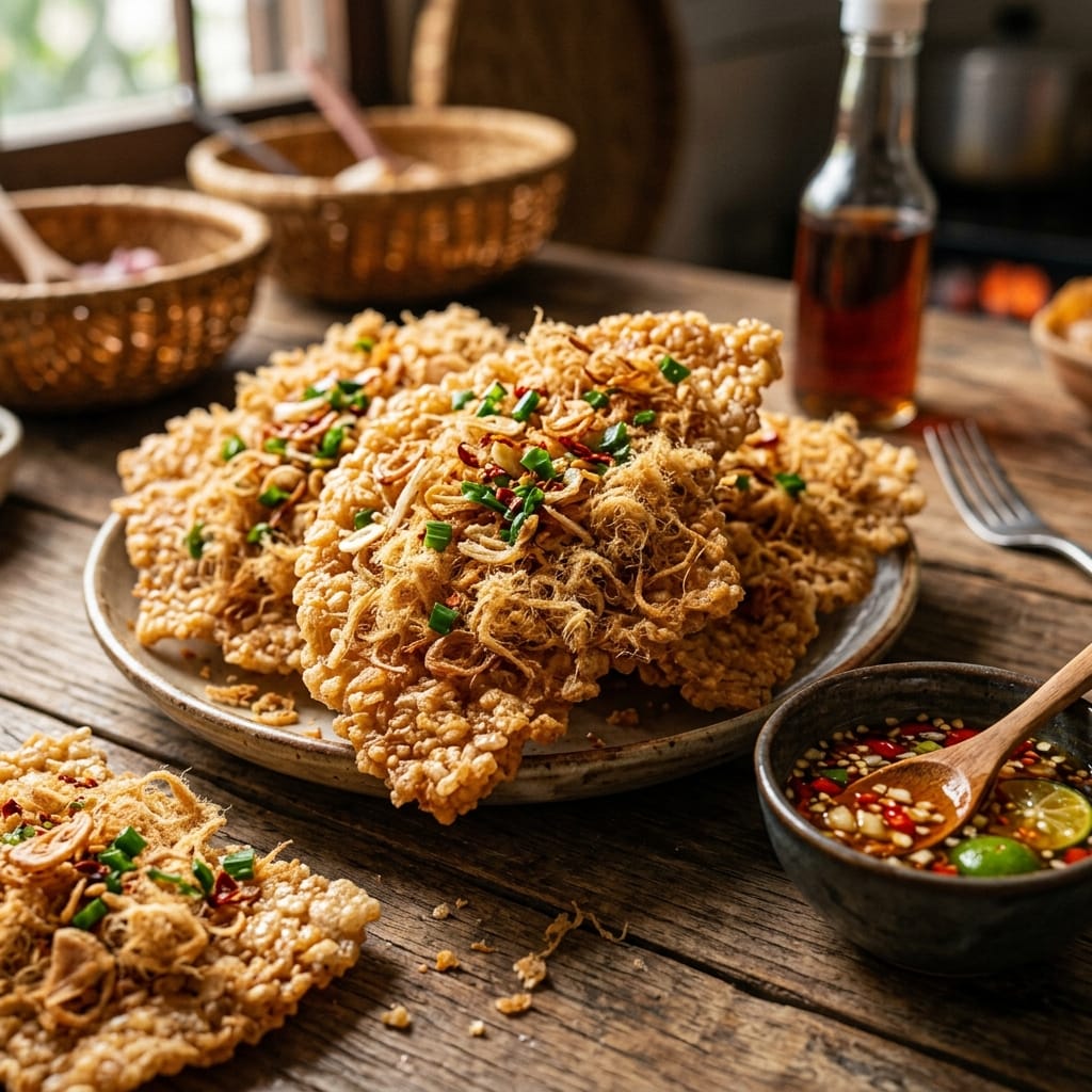 Cơm cháy đáy nồi phủ nhiều chà bông giòn rụm hấp dẫn