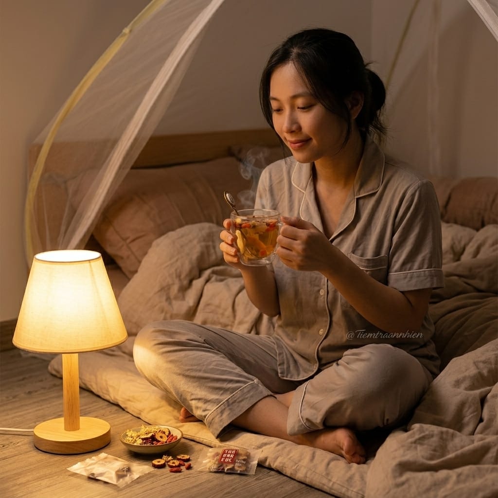 Người phụ nữ uống trà thảo mộc thư giãn khi cơ thể mệt mà vẫn khó ngủ