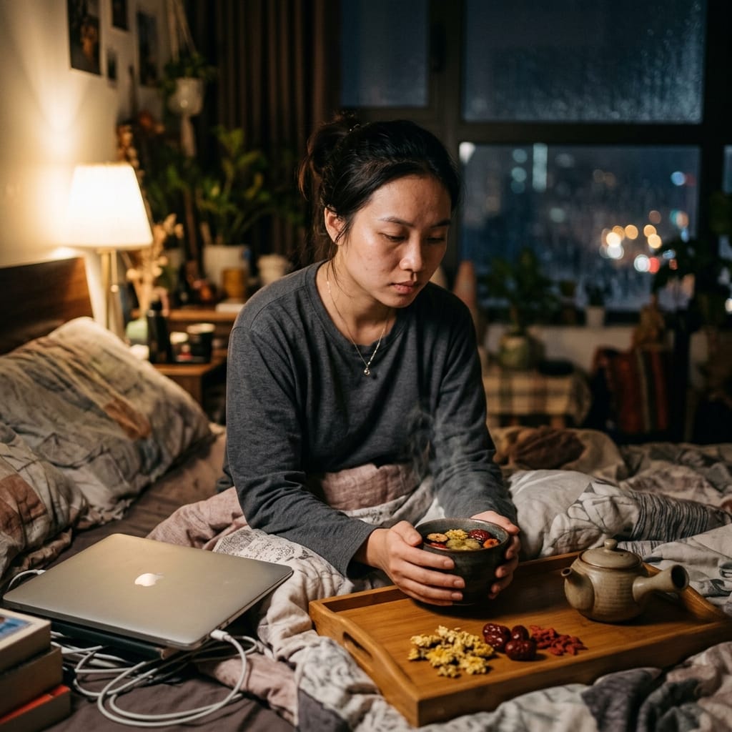 Người trẻ thư giãn với trà thảo mộc sau khi thức khuya làm việc