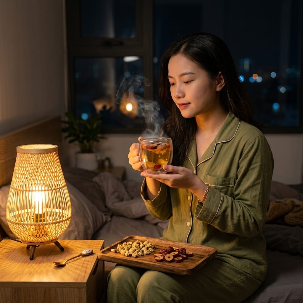 Người trẻ thư giãn với trà thảo mộc để đầu óc bớt suy nghĩ vào ban đêm