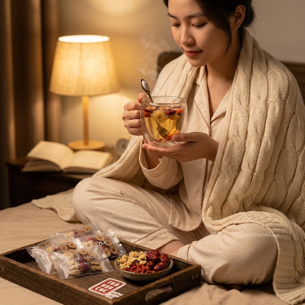 Người trẻ thư giãn với trà thảo mộc trước khi ngủ không cần thuốc