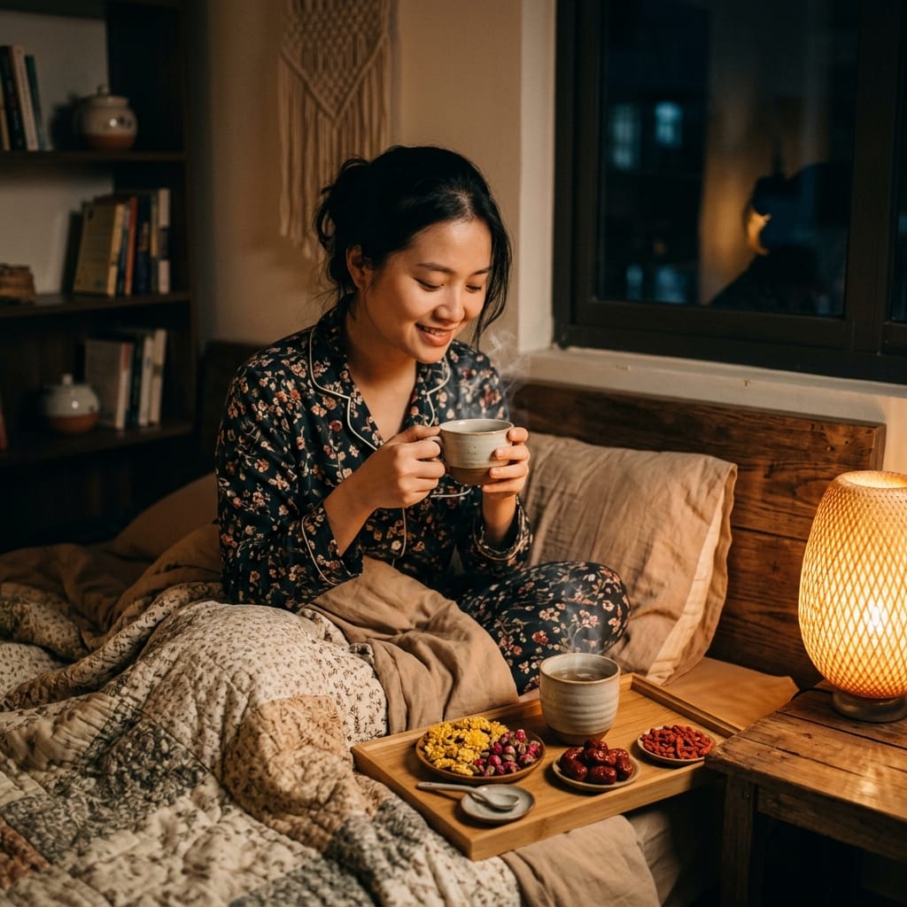 Người trẻ thư giãn với trà thảo mộc trước khi ngủ để giảm mất ngủ nhẹ