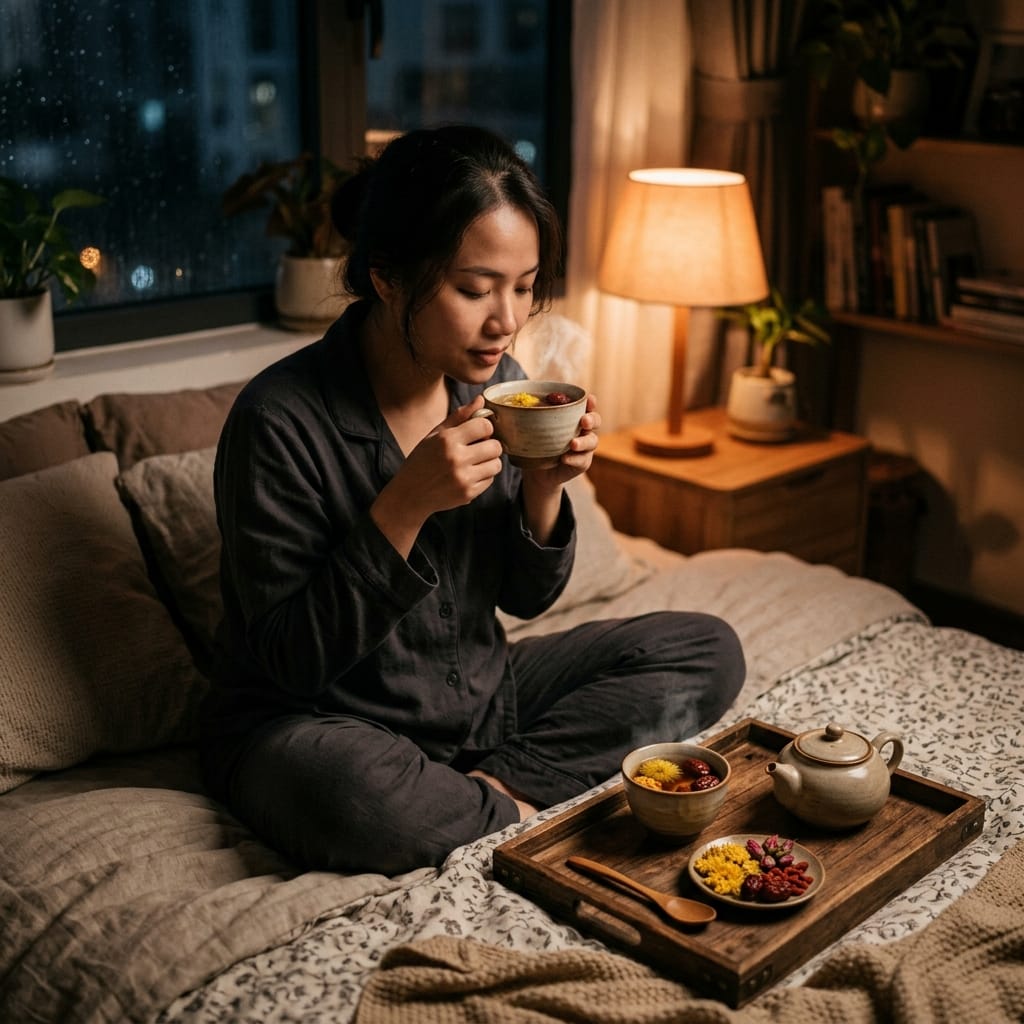 Người trẻ uống trà dưỡng tâm thư giãn trước khi ngủ buổi tối