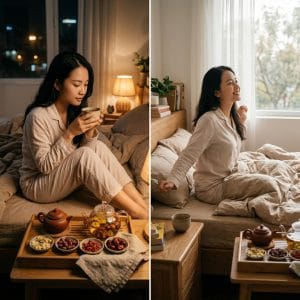 Người trẻ uống trà thảo mộc thư giãn trước khi ngủ buổi tối