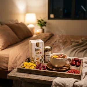 Hộp trà dưỡng tâm ngủ ngon An Nhiên cùng tách trà thảo mộc buổi tối