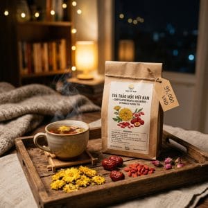 Hộp trà dưỡng tâm An Nhiên cùng tách trà thảo mộc thư giãn buổi tối