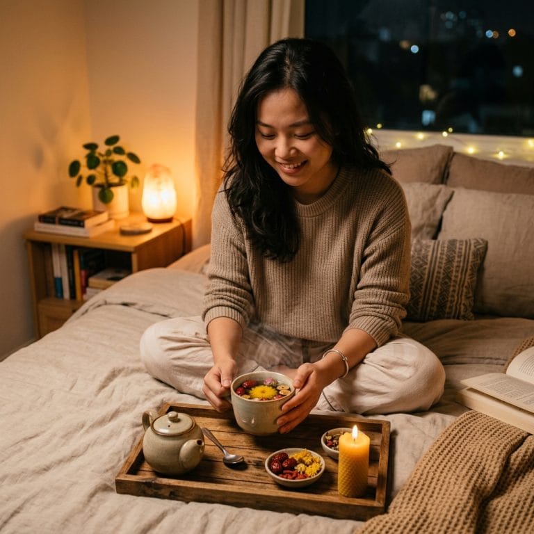 Người trẻ thư giãn với trà dưỡng tâm trong không gian buổi tối yên tĩnh