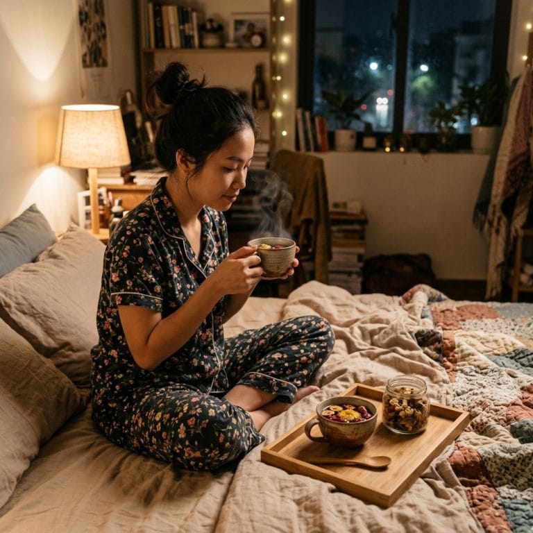 Người trẻ uống trà dưỡng tâm thư giãn trước giờ ngủ buổi tối