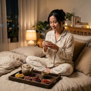 Người trẻ uống trà ngủ ngon thư giãn trước khi đi ngủ