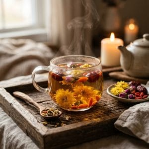 Tách trà dưỡng tâm thảo mộc với màu trà thanh nhẹ và hương thơm dịu