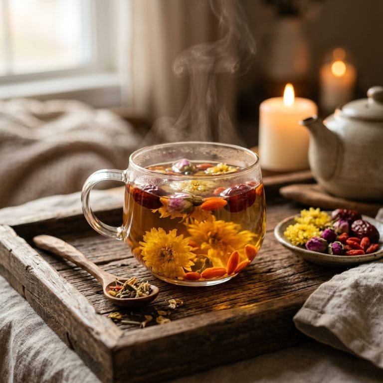 Tách trà dưỡng tâm thảo mộc với màu trà thanh nhẹ và hương thơm dịu