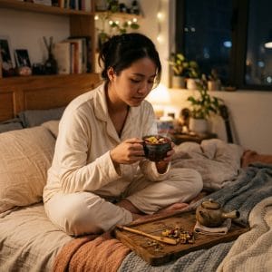 Người trẻ thư giãn với trà ngủ ngon trong không gian buổi tối yên tĩnh