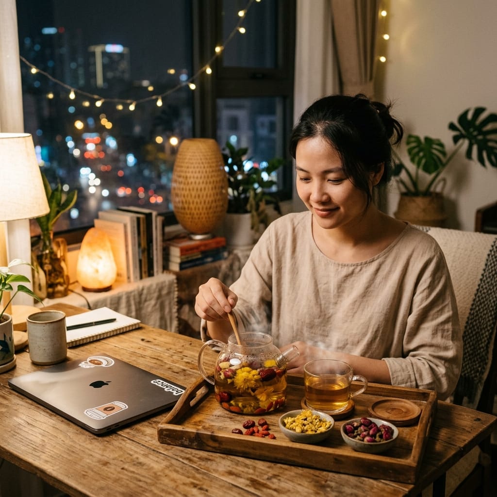 Người trẻ pha trà buổi tối để thư giãn sau ngày làm việc căng thẳng