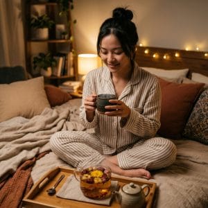 Người trẻ thư giãn với ritual uống trà buổi tối trước khi ngủ