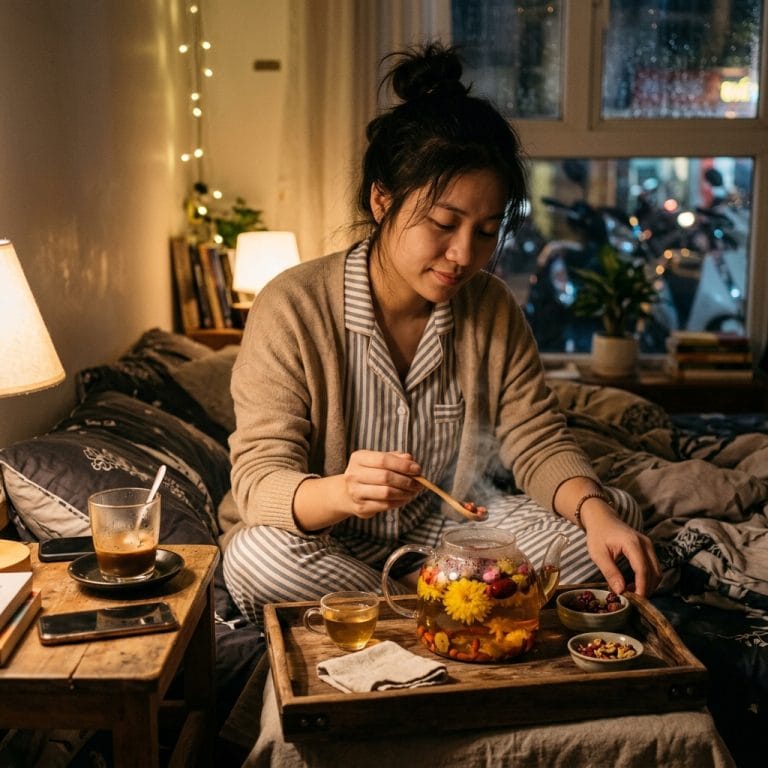 Người trẻ thay cà phê buổi tối bằng trà thảo mộc thư giãn trước khi ngủ