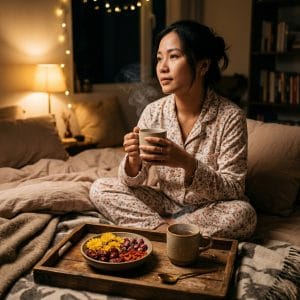 Người trẻ thư giãn với trà dưỡng tâm trong không gian buổi tối yên tĩnh
