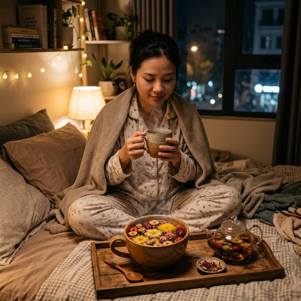 Người trẻ thư giãn với trà thảo mộc trong buổi tối nhiều stress
