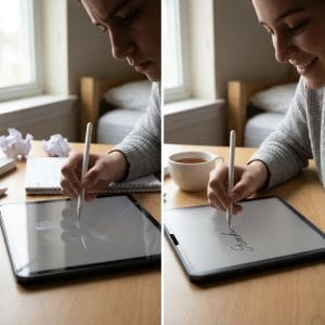 Người dùng Apple Pencil viết trên iPad với miếng dán paperlike AstroMazing