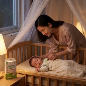 Mẹ chăm sóc trẻ sơ sinh và bảo vệ bé khỏi muỗi vào ban đêm