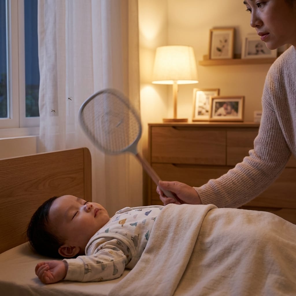 Mẹ bảo vệ bé khỏi muỗi khi ngủ ban đêm trong phòng ngủ an toàn