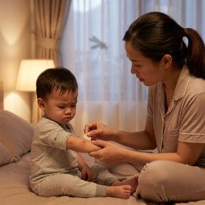 Trẻ nhỏ bị muỗi đốt và mẹ chăm sóc da bé vào ban đêm
