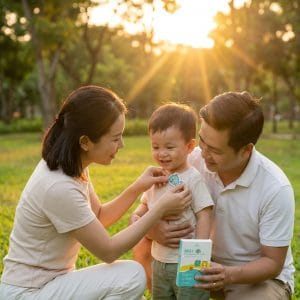 Mẹ bảo vệ bé khỏi muỗi khi đưa trẻ ra ngoài chơi chiều tối