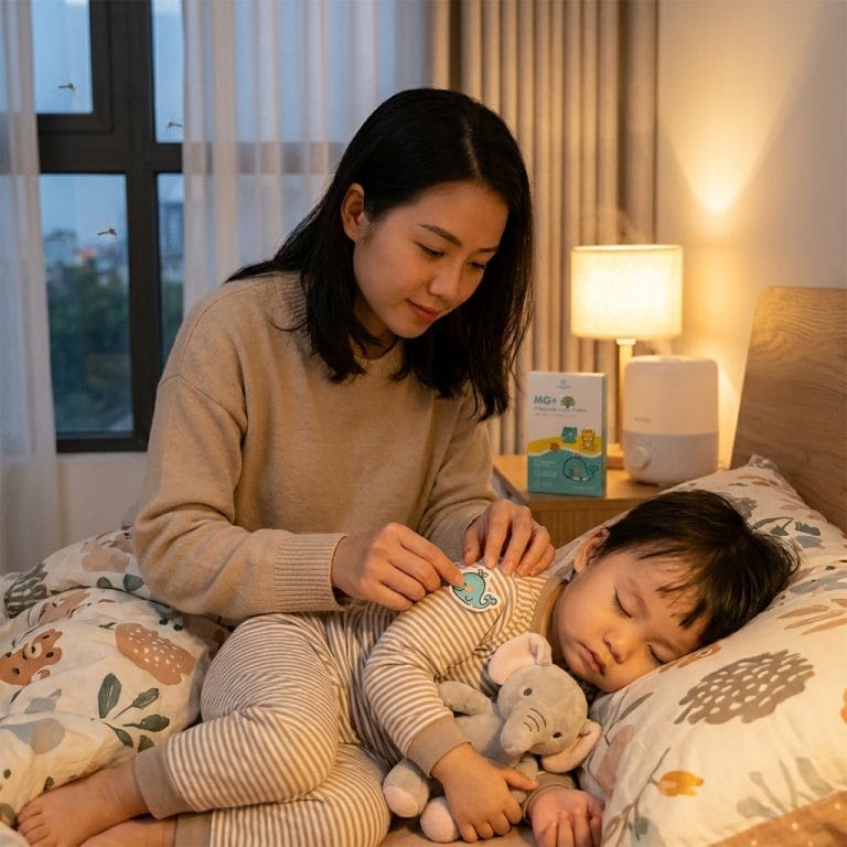 Mẹ sử dụng miếng dán chống muỗi cho bé trước giờ đi ngủ