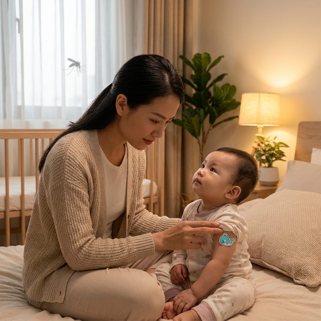 Mẹ kiểm tra da bé khi sử dụng sản phẩm chống muỗi tinh dầu sả