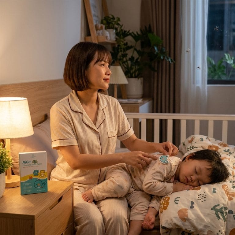 Mẹ sử dụng miếng dán chống muỗi cho bé trong phòng ngủ ban đêm