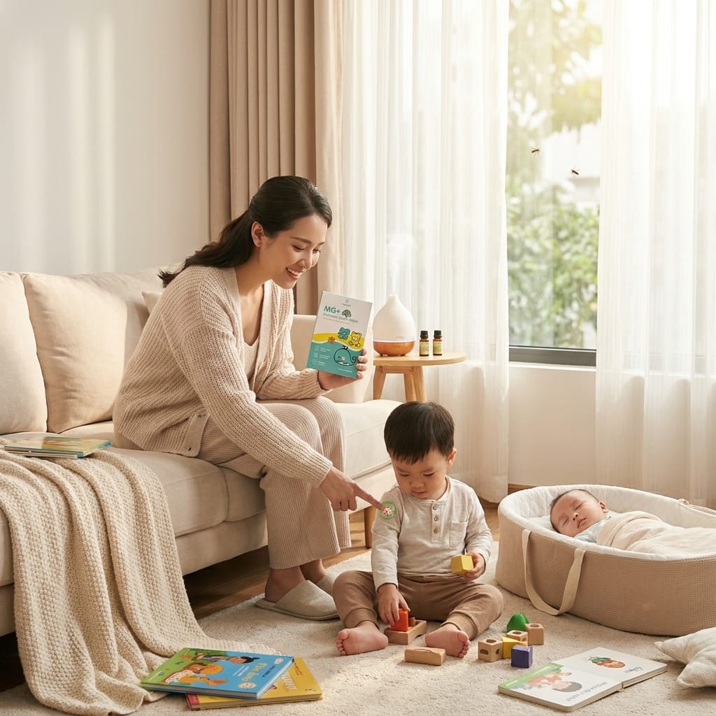 Mẹ sử dụng miếng dán chống muỗi JOONA BABY cho bé tại nhà