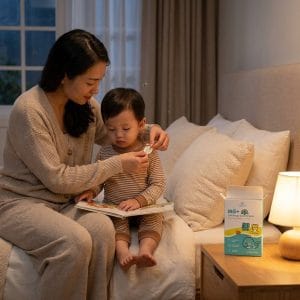 Mẹ sử dụng miếng dán chống muỗi JOONA BABY cho bé trước giờ ngủ