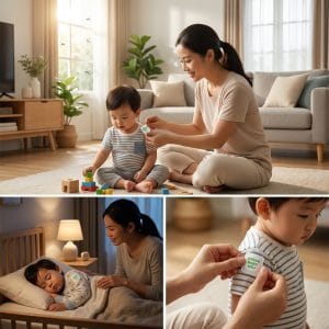 Mẹ sử dụng miếng dán chống muỗi cho bé trong sinh hoạt hằng ngày