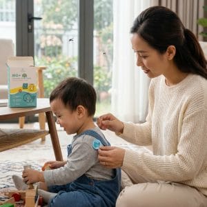 Mẹ dán miếng chống muỗi ở vị trí an toàn cho bé trong nhà
