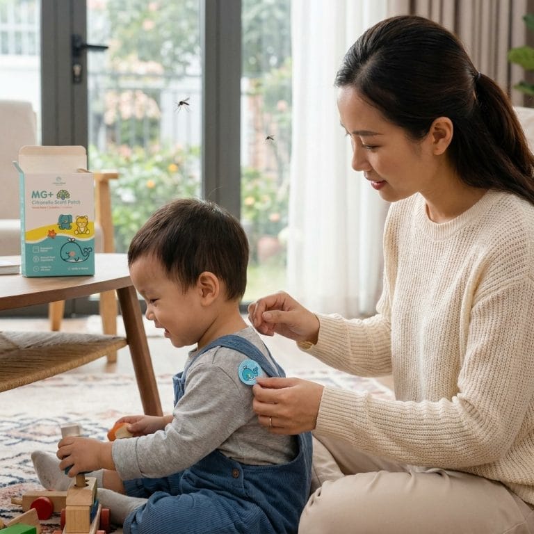 Mẹ dán miếng chống muỗi ở vị trí an toàn cho bé trong nhà