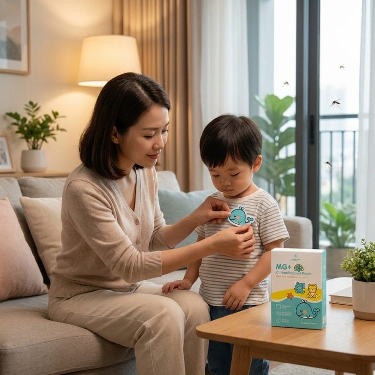 Mẹ dán miếng chống muỗi lên quần áo cho bé trong phòng ngủ