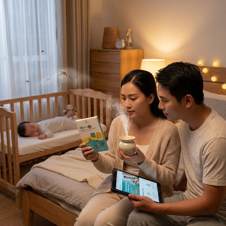 Gia đình so sánh miếng dán chống muỗi và tinh dầu khuếch tán cho bé
