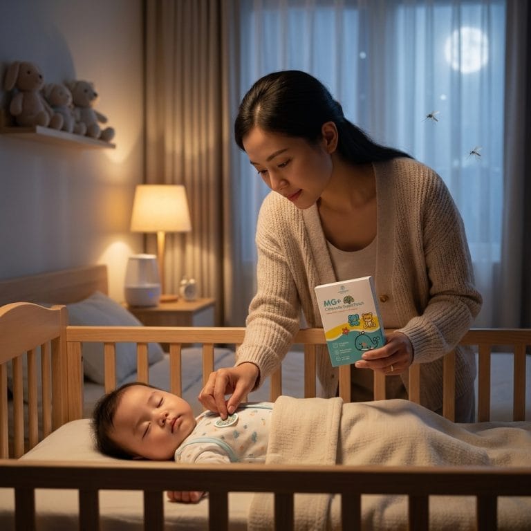 Mẹ sử dụng miếng dán chống muỗi cho bé trong phòng ngủ ban đêm