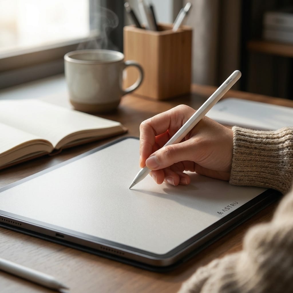 Người dùng viết trên iPad với miếng dán paperlike chống trượt tay