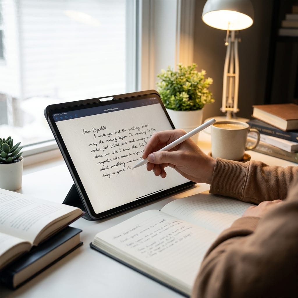 Người dùng ghi chú trên iPad với miếng dán paperlike giúp viết thoải mái hơn