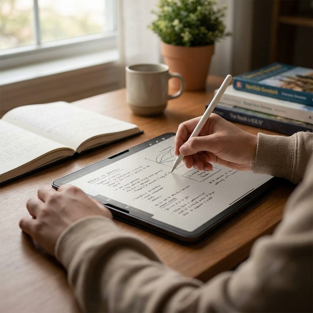 Người dùng viết trên iPad với miếng dán paperlike tạo cảm giác như giấy