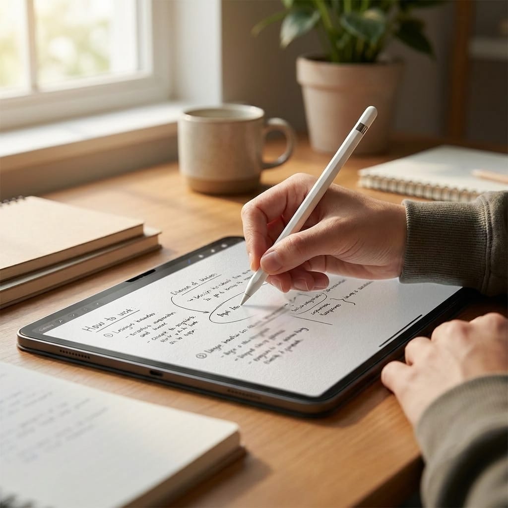 Người dùng viết trên iPad với miếng dán paperlike nam châm