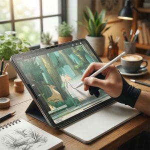 Người dùng vẽ trên iPad với miếng dán paperlike hỗ trợ kiểm soát nét