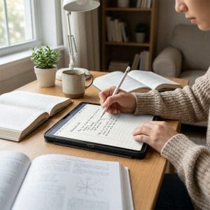 Người dùng ghi chú trên iPad với miếng dán paperlike nam châm