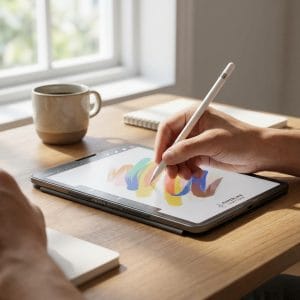 Người dùng viết trên iPad với paperlike nam châm bám chắc màn hình