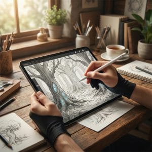 Artist vẽ digital painting trên iPad với paperlike và Apple Pencil