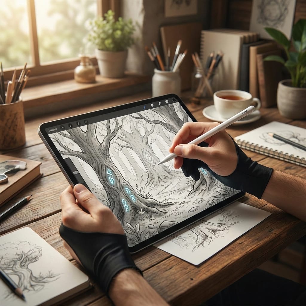 Artist vẽ digital painting trên iPad với paperlike và Apple Pencil