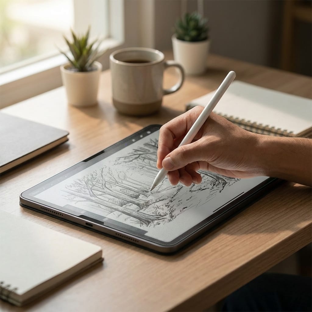 Người dùng viết trên iPad với miếng dán paperlike nam châm ổn định
