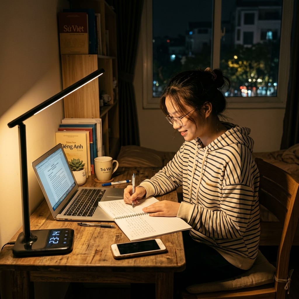 Học sinh học buổi tối với đèn LED ánh sáng dịu giảm mỏi mắt