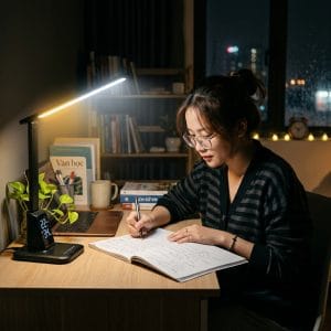 Học sinh sử dụng đèn LED ánh sáng dịu giảm khó chịu cho mắt ban đêm
