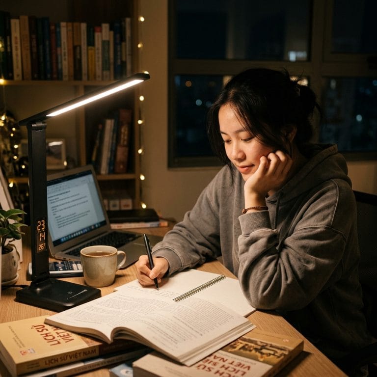 Học sinh học bài ban đêm với đèn LED ánh sáng dịu trong phòng tối
